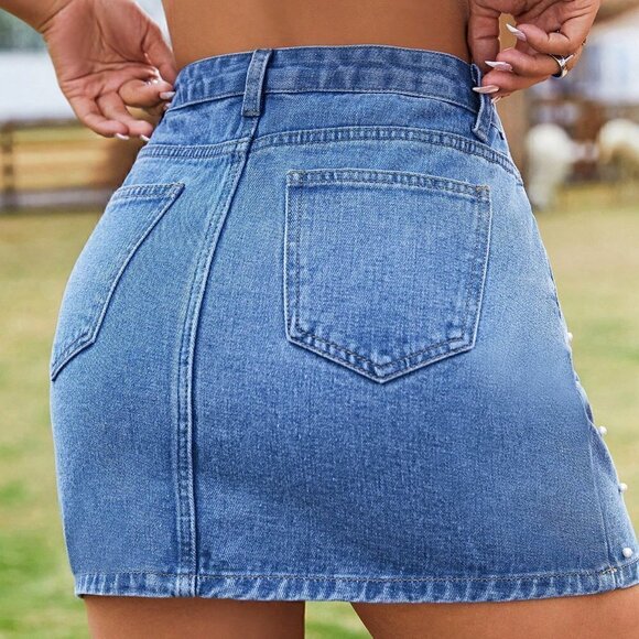 Casual Pearls Beaded Denim Skirt Blue - Picture 3 of 5